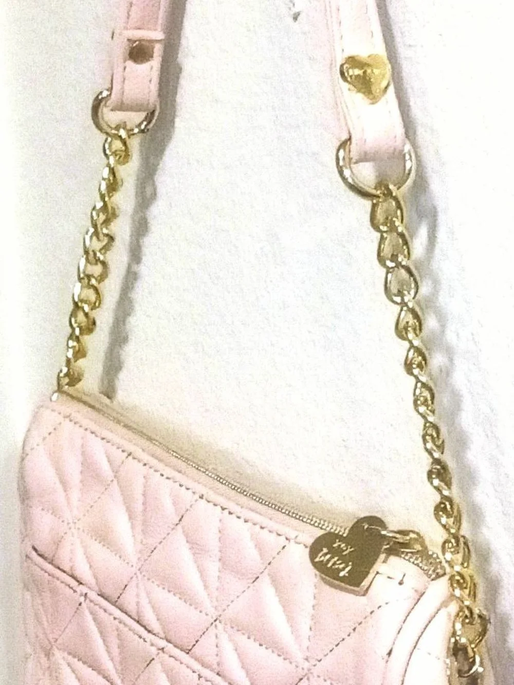 Betsey Johnson Pink Quilted Crossbody Bag With Gold Hearts Details